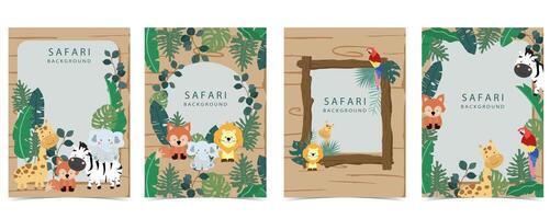 safari bandiera con giraffa, elefante, zebra, volpe e foglia frame.vector illustrazione per a4 design vettore