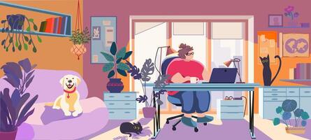 Grasso donna Lavorando su un' il computer portatile mentre seduta a il tavolo nel un' accogliente interno. cane e gatto. vettore illustrazione