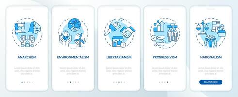 filosofico politica ideologie blu onboarding mobile App schermo. Procedura dettagliata 5 passaggi modificabile grafico Istruzioni con lineare concetti. ui, ux, gui modello vettore