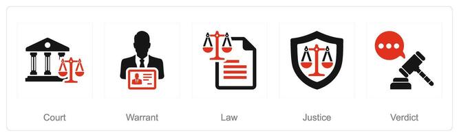 un' impostato di 5 giustizia icone come Tribunale, mandato, legge vettore