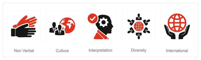 un' impostato di 5 linguaggio icone come non verbale, cultura, interpretazione vettore