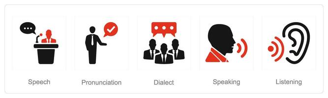 un' impostato di 5 linguaggio icone come discorso, pronuncia, dialetto vettore