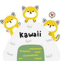 carino shiba inu cane con riso palla su bianca sfondo.linea mano disegnato stile.giapponese animale domestico animale personaggio cartoon.kawaii significare carino nel giapponese parola.vettore.illustrazione. vettore