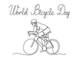 mondo bicicletta giorno. astratto ciclista, atleta su un' bicicletta, continua uno linea arte mano disegno schizzo vettore