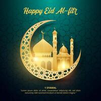 contento eid al Fitr sfondo con un' oro Luna e moschea vettore
