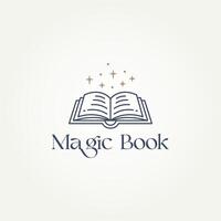 minimalista fantasia libro con Magia stella linea arte icona logo modello vettore illustrazione. semplice moderno fantasia lettori, topi di biblioteca, bambini libro logo concetto