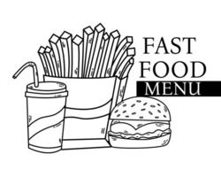 veloce cibo consegna .Vintage ▾ mano disegnato schizzo, vettore illustrazione.hamburger, francese patatine fritte, bibita.