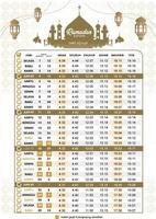 jadwal imsakiyah islamico calendario Ramadan programma 2024 1445 hijr silhouette stile oro pendenza moschea Arabo lanterna ornamento lusso sfondo musulmano preghiera modello stampare sidang isbat vettore