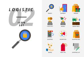 Icon pack per e-commerce, ricerca, spedizione, regalo, check out, cellulare, rimborso, abbigliamento uomo, promozione, shopping bag, shopping. vettore