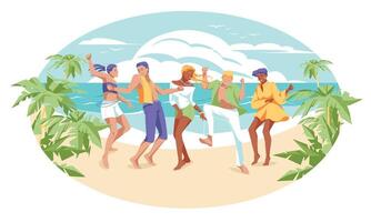 persone celebrare e danza su il spiaggia. un' festa nel il atmosfera di estate. tropicale oceano costa. vacanza umore. vettore piatto illustrazione