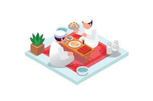 isometrico illustrazione Ramadan kareem mangiare buongustaio. con cibo e bevande su il tavolo. adatto per diagrammi, infografica, libro illustrazione , infografica, e altro grafico risorsa vettore