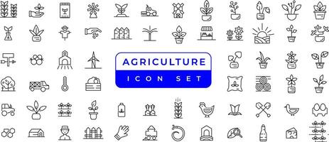 azienda agricola, agricoltura, agricoltura - magro linea ragnatela icona impostare. contiene come icone come serra, pagliaio, raccogliere e di più. schema icone collezione vettore