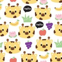 senza soluzione di continuità modello di carino giraffa viso con frutta e fiore su bianca sfondo.selvaggio animale personaggio cartoon.uva, mela, banana mano disegnato.kawaii.vettore.illustrazione. vettore