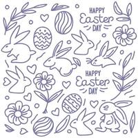disegnato a mano scarabocchio Pasqua giorno con linea uova, coniglietto, fiori, cuore, coniglio su bianca sfondo. vettore illustrazione.