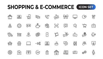 shopping ragnatela icone nel linea stile. mobile negozio, digitale marketing, banca carta, i regali. vettore illustrazione.