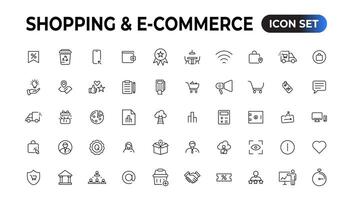 shopping ragnatela icone nel linea stile. mobile negozio, digitale marketing, banca carta, i regali. vettore illustrazione.