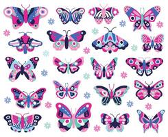 scarabocchio farfalle insetto. mano disegnato primavera insetti, colorato volante papillon. disegno farfalle isolato vettore icone collezione