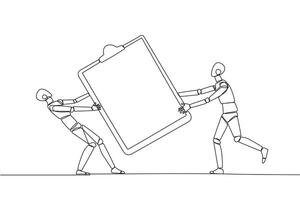 singolo continuo linea disegno Due arrabbiato robot combattente al di sopra di il grande clipboard. utile per rendere esso Più facile per dai un'occhiata rapporti. robotica conflitto. aggressivo.ai tecnico. uno linea design vettore illustrazione