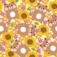 senza soluzione di continuità modello di carino orsacchiotto orso pastello con vario fiore e foglia sfondo.primavera.fioritura.floreale.girasole.selvaggio animale personaggio cartone animato design.kawaii.vettore.illustrazione. vettore