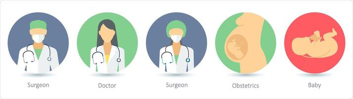 un' impostato di 5 medico icone come chirurgo, medico, ostetricia vettore