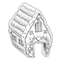un disegno disegnato a mano di una casa di pan di zenzero. illustrazione di natale e capodanno. illustrazione d'epoca. vettore