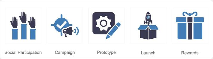 un' impostato di 5 raccolta di fondi icone come sociale partecipazione, campagna, prototipo vettore