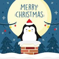 pinguino cartone animato camino buon natale luna piena natale vettore blue