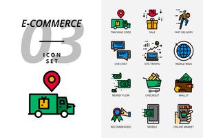 Icon pack per e-commerce, codice di monitoraggio, vendita, consegna rapida, flusso di denaro, cassa, portafoglio, chat dal vivo, traffico sul sito, in tutto il mondo, mobile, mercato online. vettore