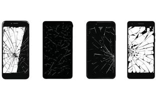 Cracked smartphone schermo silhouette, rotto Telefono schermo icona impostare. mobile crepa schermo vettore