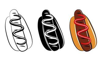 illustrazione vettoriale di hot dog fast food. doodle set di icone, emblema di contorno logo colorato dei cartoni animati. elemento di design del pacchetto.