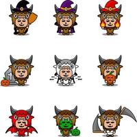 set di costumi da mascotte animale bisonte simpatico personaggio dei cartoni animati vettoriale pacchetto di halloween