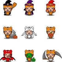 set di costumi da mascotte animale tigre simpatico personaggio dei cartoni animati di vettore halloween