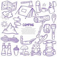 campeggio all'aperto doodle disegnato a mano con stile contorno sulla linea di libri di carta vettore