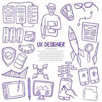 ux designer lavori professione carriera doodle disegnato a mano con stile contorno sulla linea di libri di carta vettore