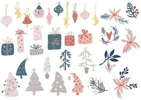 set di articoli natalizi. albero di natale, giocattoli, scatole regalo, decorazioni invernali. perfetto per biglietti di auguri, inviti di Natale e felice anno nuovo e scrapbooking. illustrazione del fumetto di vettore. vettore