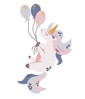 unicorno che vola su palloncini. illustrazione per bambini con un simpatico animale fantastico. perfetto per baby shower, compleanno, festa per bambini, stampe di abbigliamento. illustrazione vettoriale di tiraggio della mano.