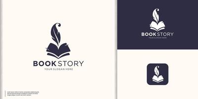 classico libro storia logo ispirazione, penna d'oca e libro logo verticale forma concetto. vettore