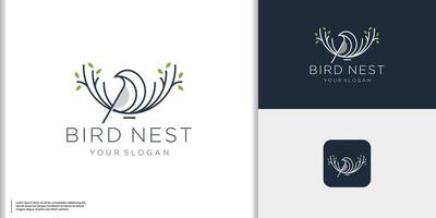minimalista linea uccelli e nido foglia logo design concetto. vettore