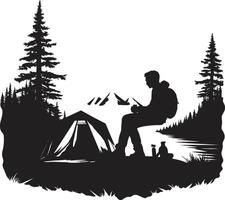 nature sinfonia elegante campeggio icona nel monocromatico nero illuminato dalla luna prato elegante nero icona con vettore logo per campeggio