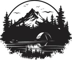 fuoco di bivacco cronache elegante monocromatico emblema per all'aperto avventure nature sinfonia nero vettore logo design icona per campeggio beatitudine