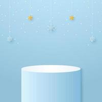 podio cilindrico ciano con fiocchi di neve e stella appesa e modello mock up per evento natalizio vettore