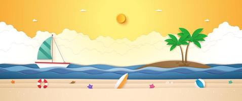 paesaggio di barca a vela sul mare ondulato, albero di cocco sull'isola e roba estiva sulla spiaggia con sole splendente nel cielo del sole per l'estate in stile arte cartacea vettore