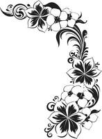 grazioso giardino monocromatico emblema con decorativo floreale angoli eterno fioriture elegante nero icona con vettore floreale angoli