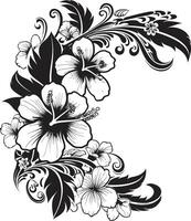 grazioso giardino monocromatico emblema con decorativo floreale angoli eterno fioriture elegante nero icona con vettore floreale angoli