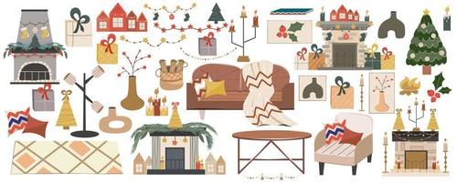 set natalizio clipart per un accogliente soggiorno in stile scandinavo. albero di natale, caminetti, divano, poltrona, candele carine e ghirlande per l'arredamento festivo. illustrazione vettoriale in stile mano piatta