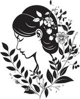 petali di eleganza nero logo design con un' floreale donna viso grazioso fioriture femminile fiuto nel nero floreale donna viso icona vettore