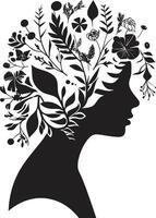 botanico fascino vettore nero logo simboleggiante un' floreale donna viso infinito petali nero logo design con un' vettore floreale donna viso