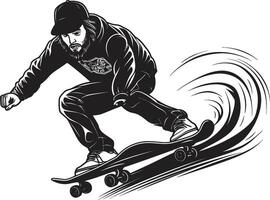 skateboard saggio nero logo design con un' saggio uomo su ruote gravità guru iconico vettore di un' uomo su un' skateboard nel nero
