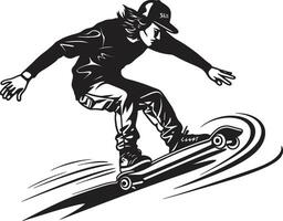 skateboard saggio nero logo design con un' saggio uomo su ruote gravità guru iconico vettore di un' uomo su un' skateboard nel nero