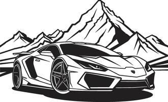 cresta corridore nero logo design con iconico vettore gli sport auto su il montagne picco prestazione iconico nero simbolo di un' gli sport auto conquista montagna strade